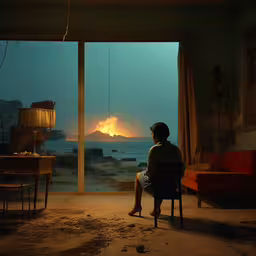 a boy sits on a chair in front of a window, watching the ocean and a fire burning in the sky,a person is sitting on a chair looking out of a window at the ocean