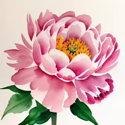 a pink flower with leaves and a yellow center,a watercolor painting of a pink flower with green leaves