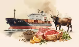 a cow and meat are standing next to the ocean