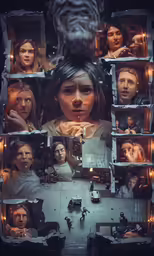 a poster with a collage of people and dogs