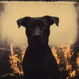 a dog sits in front of a blazing fire