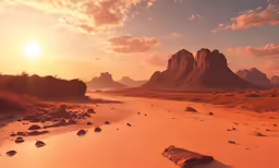 a bright sun shines in the background of mountain range