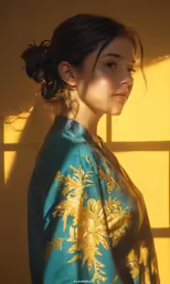 a woman in a blue dress with a floral pattern