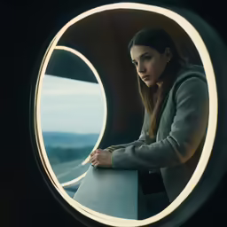 a woman looking out of a circular window