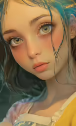 the painting is of a girl with bright green hair