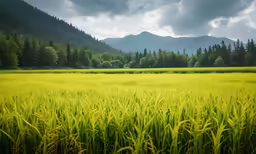 large field with trees in the background and hills in the distance