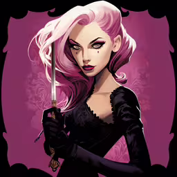 a woman in black with pink hair holding a sword,a cartoon of an animated woman holding a sword