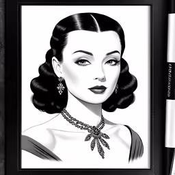 a drawing of a woman with dark hair and large earrings