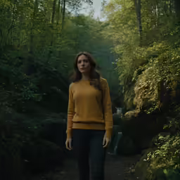 a woman stands in the middle of a stream of water in front of trees