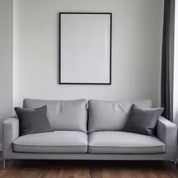 a living room with a gray sofa and framed picture