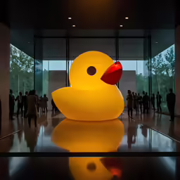 the building is full of glass and a large yellow object is in the middle