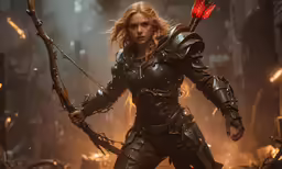 a woman in a full - costume holds two arrows in a scene