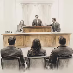 the people are seated at the desk in front of the judge