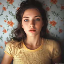 a girl wearing a yellow shirt has her face on a floral wallpaper