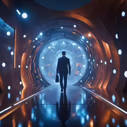 a man walks through an unknown tunnel with light shining on it