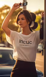 a woman with brown hair and black pants is leaning on the pole