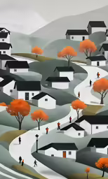a painting of some houses and trees with red leaves