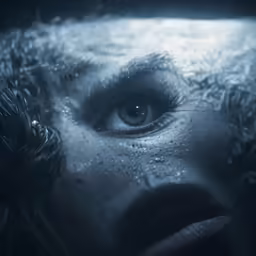 a woman with snow around her head and her eyes open