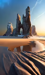 an interesting rocky formation sits in the sand by the ocean