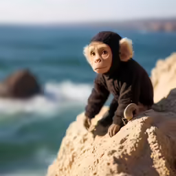 a toy monkey that is sitting on some rocks