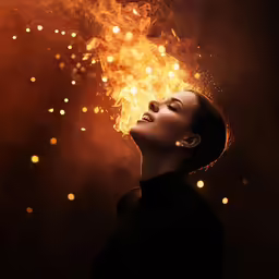 a woman with a black top standing in front of a fire