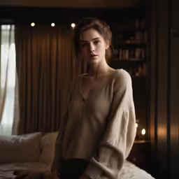 a woman is standing in front of a bed