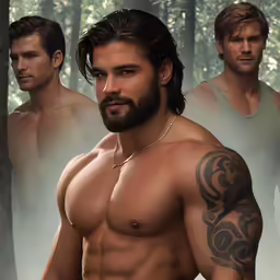 three shirtless men with tattoos on their chestes standing in the woods