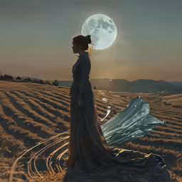a woman in a long dress standing next to a field with the moon