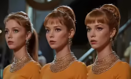 three model of fashions wearing different dresses and large earrings