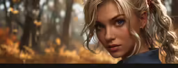 a woman with blonde hair stands in a forest