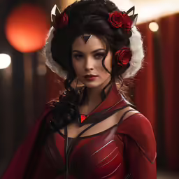 the woman in red is wearing horns, with long hair