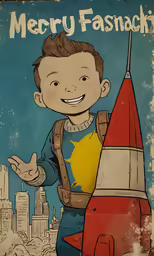 a poster showing a cartoon guy next to a rocket