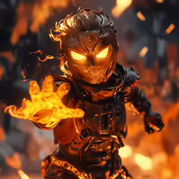 a kid with a mask and flames around him