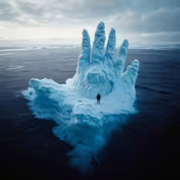 man standing on ice covered boat with huge hand in the middle