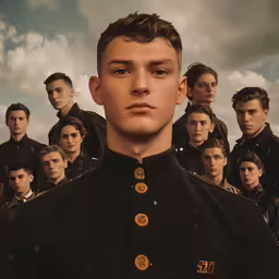 a group of people and a male on a poster