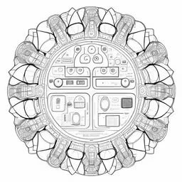 a circular drawing made up of cars,a circular drawing of the main roads in the city,a circular artwork design with various objects in the center,the center piece of the wheel on a circular object,an intricate circular design with some words