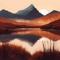 the beautiful mountain landscape at sunrise is an acrobatic sight,a mountain range with a lake in front of it