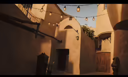 an alley with a wooden door and several lanterns