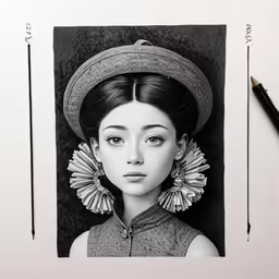 a drawing of a woman wearing earrings with a hat