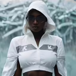 a woman with glasses and a white jacket