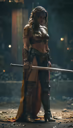 sexy warrior girl in a golden costume posing with a sword