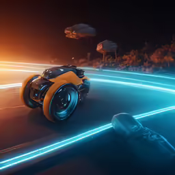a futuristic yellow and black motorcycle driving through a forest