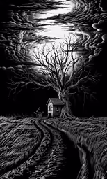 a creepy tree with a house at night