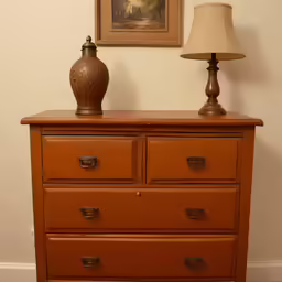a dresser with some drawers and a lamp on it