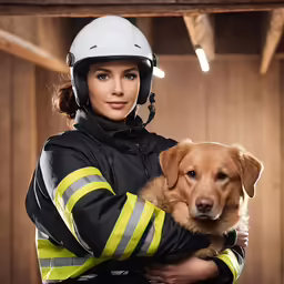 a woman in full safety gear holding a dog