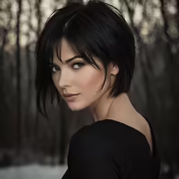 the girl is wearing short black hair, looking straight ahead