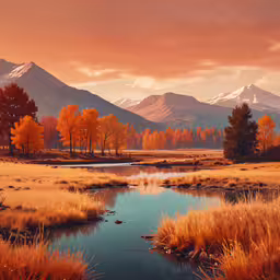 an orange landscape with mountains in the background,the mountains are full of snow covered peaks