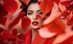 a beautiful woman in red and red leaves