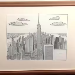 a city scene drawn in pencil with the empire state building,there is a drawing of the city in this picture