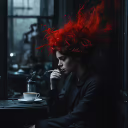 a person in a room with red hair smoking and drinking